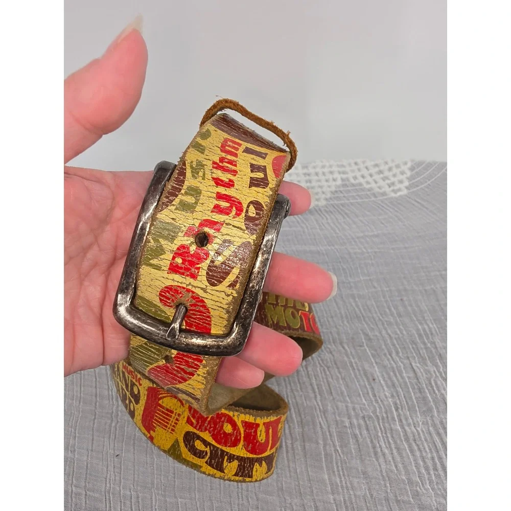 Leather Island Bill Lavin Graphic Leather Belt Music Soul Skulls Distressed 34